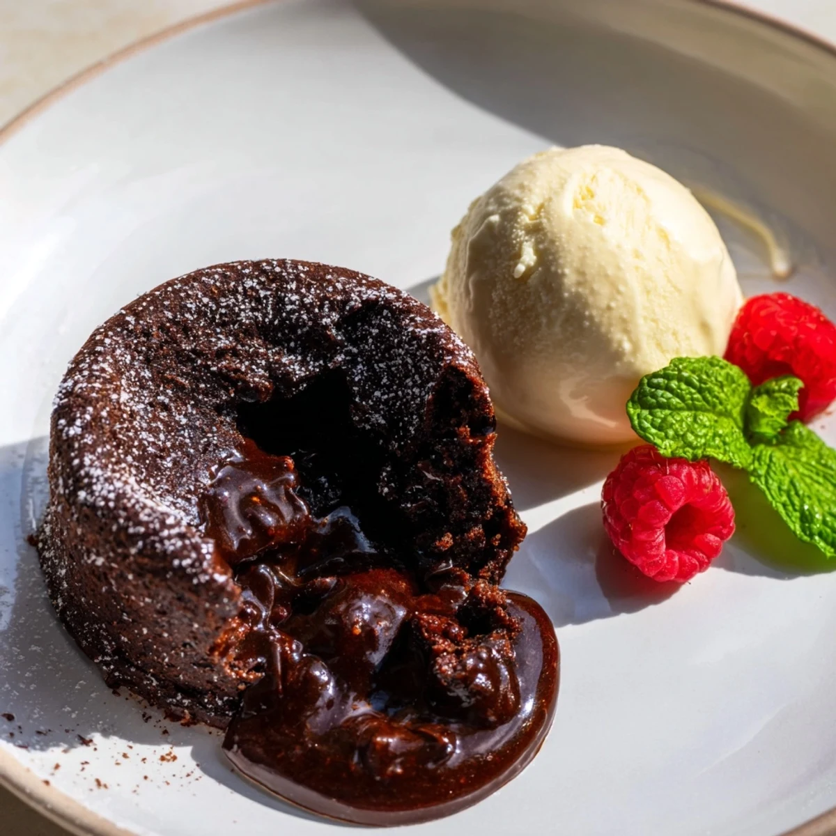 Warm chocolate lava cakes with a liquid center, served with melting vanilla ice cream and berries.