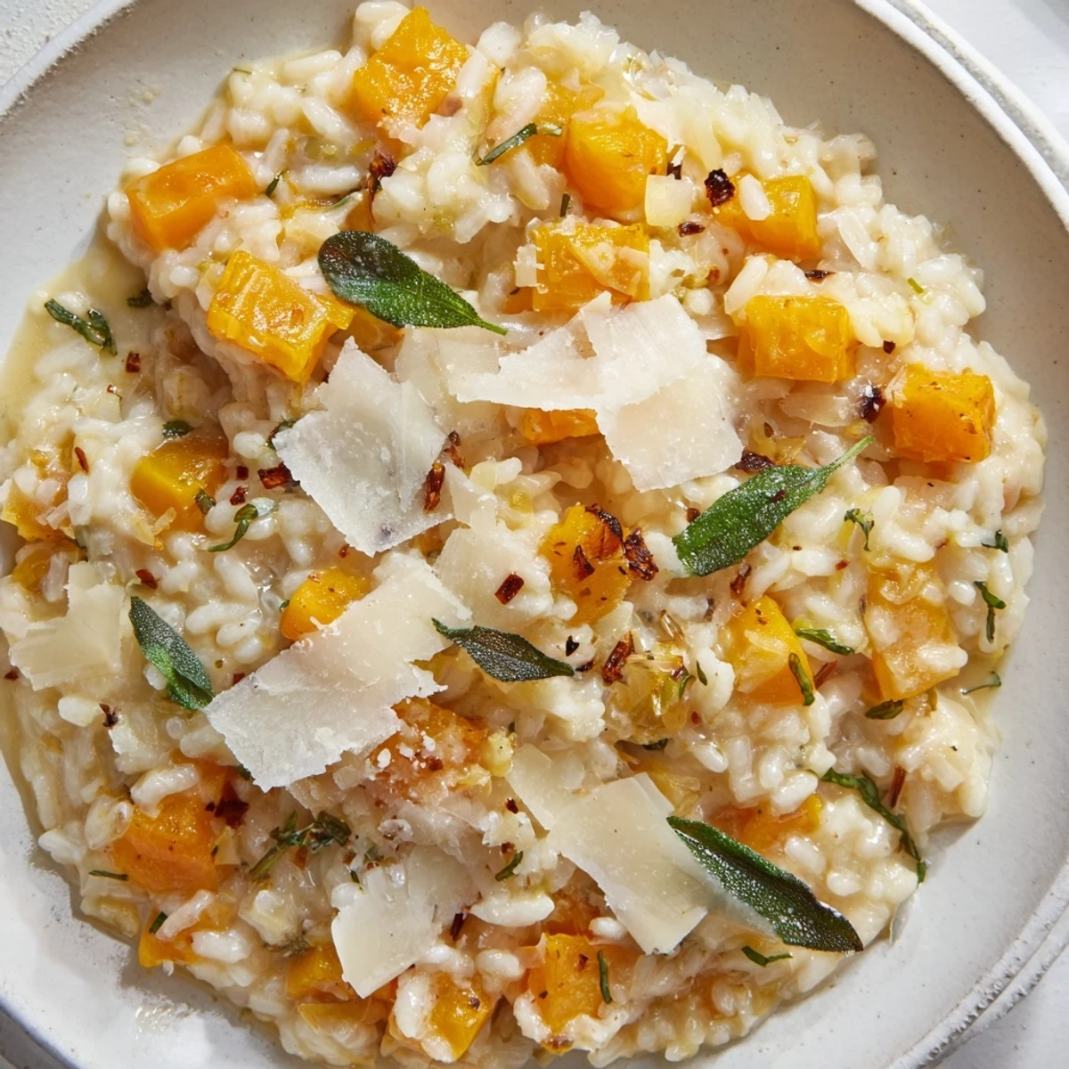 Steaming bowl of Winter Squash Risotto with Parmesan, a creamy, comforting Italian dinner.