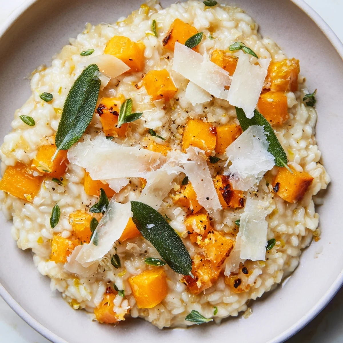 Close-up of creamy Winter Squash Risotto; savory flavors and Parmesan cheese topping the dish.