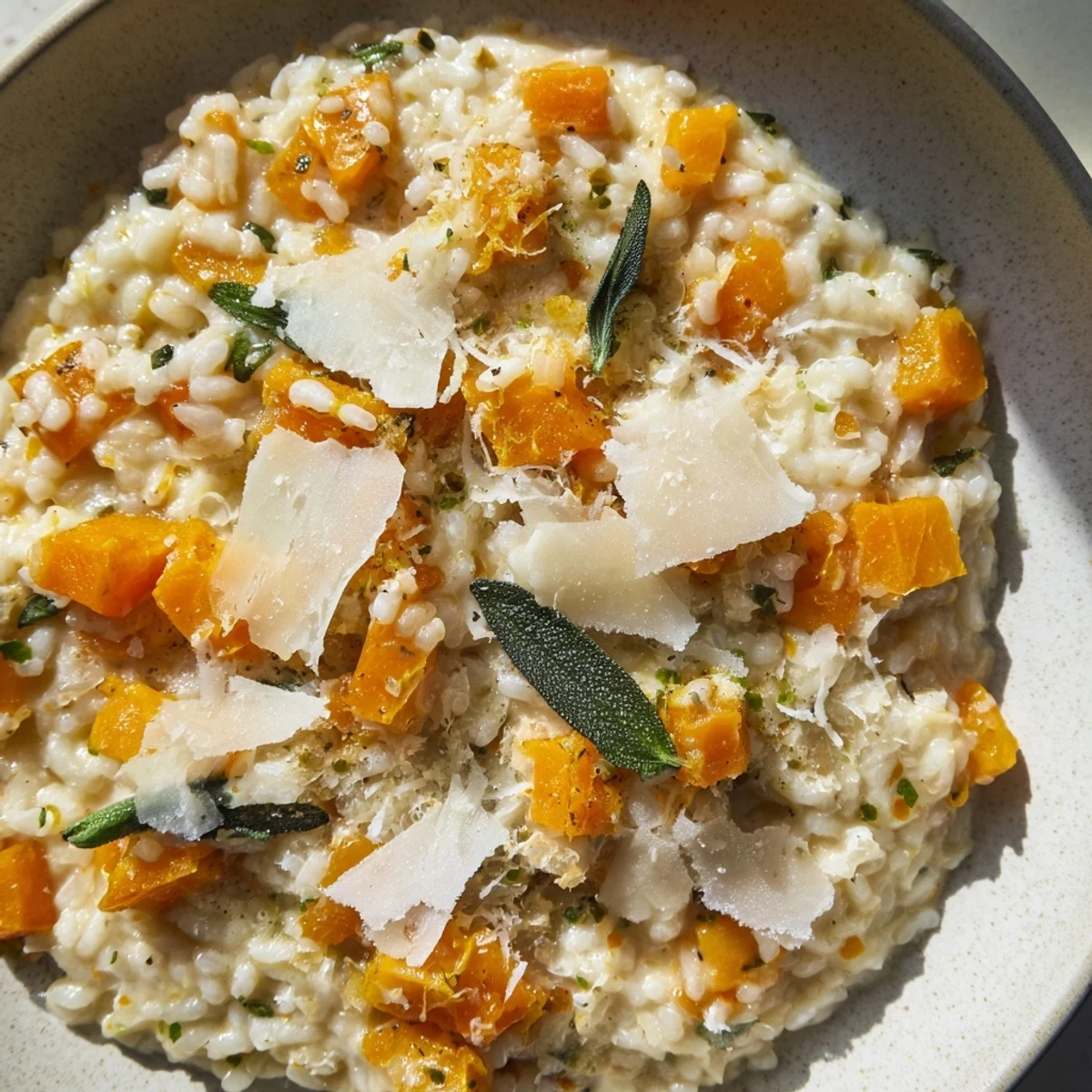 Golden-hued Winter Squash Risotto with fresh sage offers a delicious and warm, inviting meal.