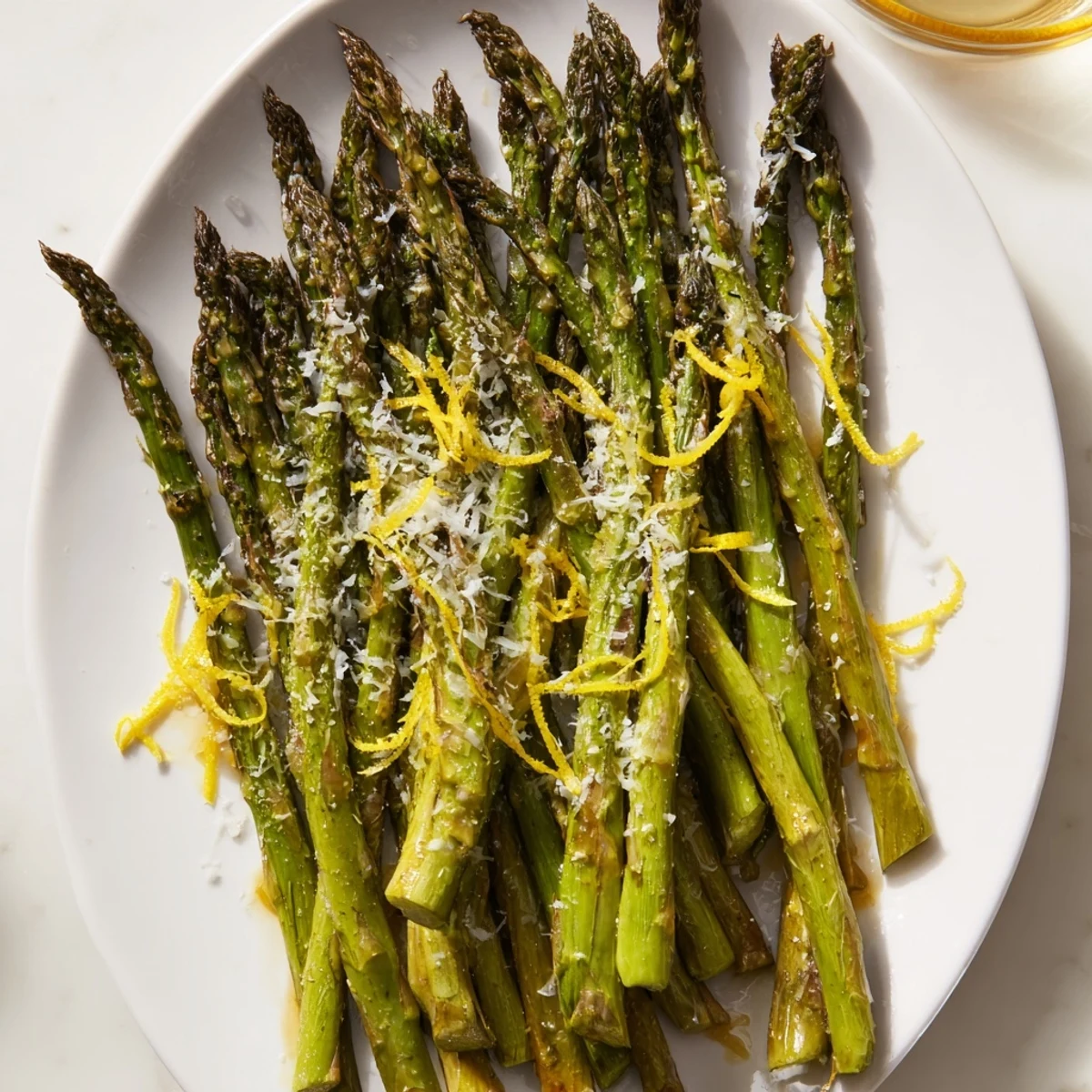 Roasted asparagus with Parmesan and lemon, golden-brown and ready to serve as a bright, healthy side.