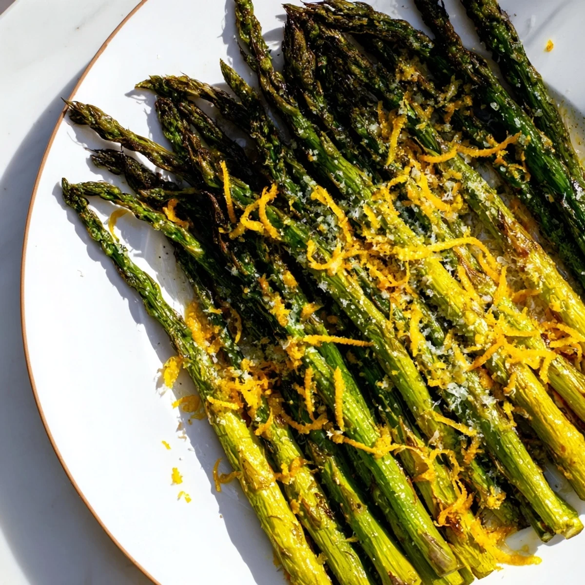 A close-up of roasted asparagus with Parmesan, showcasing the bright lemon zest atop.