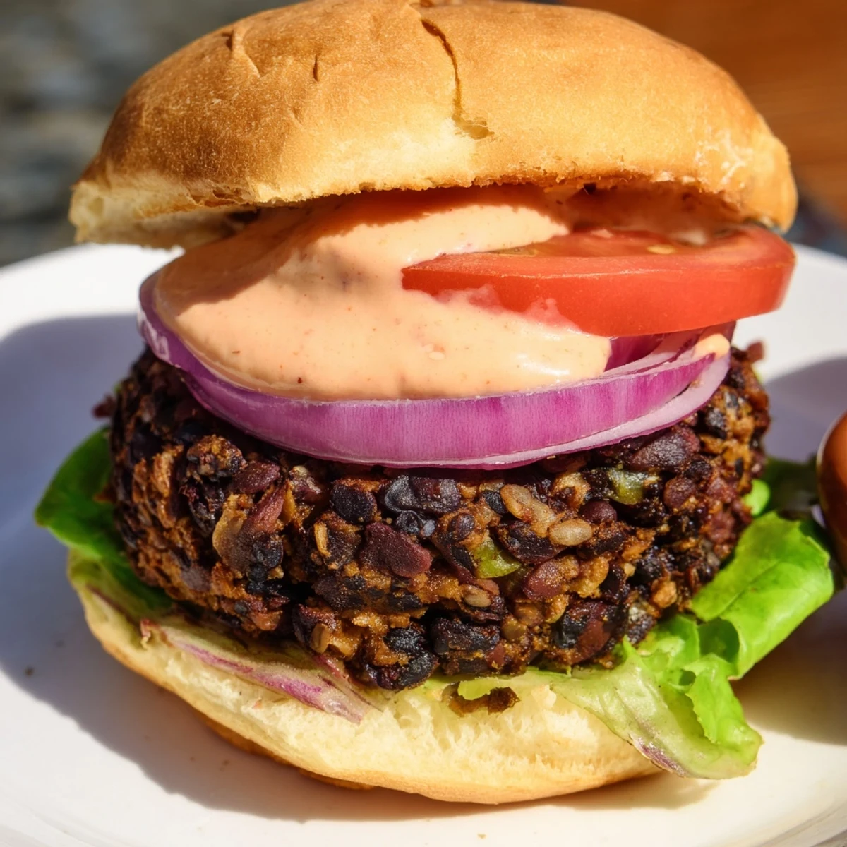 Close-up of a vibrant Vegan Black Bean Burger, showcasing the texture and flavors of each layer.