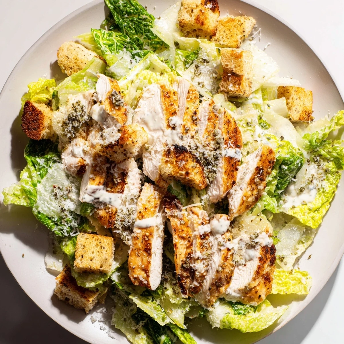 Grilled chicken Caesar salad with golden croutons: a vibrant, satisfying main dish with creamy dressing.