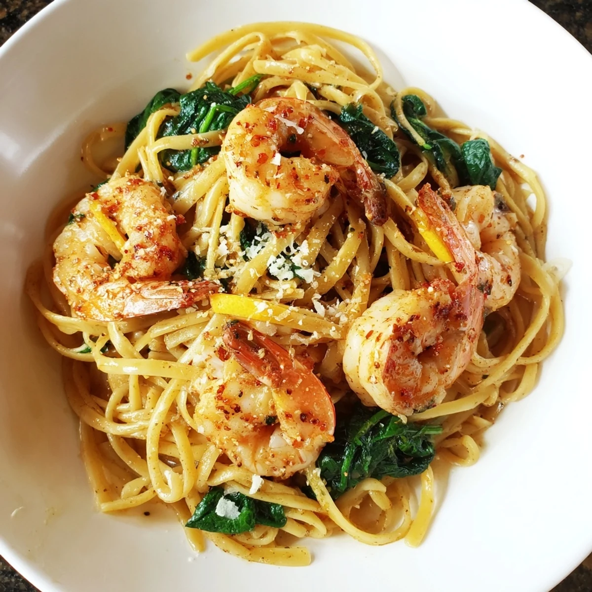 Golden strands of Lemon Garlic Shrimp Pasta with spinach, glistening and ready to be devoured.
