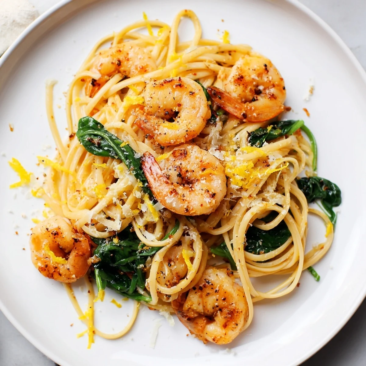 Plump shrimp nestled in creamy lemon sauce alongside the Lemon Garlic Shrimp Pasta, a delicious meal.