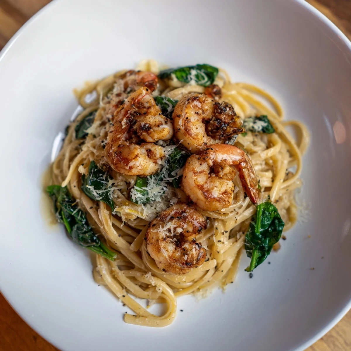 A close-up view of flavorful Lemon Garlic Shrimp Pasta with vibrant green spinach and parmesan cheese.