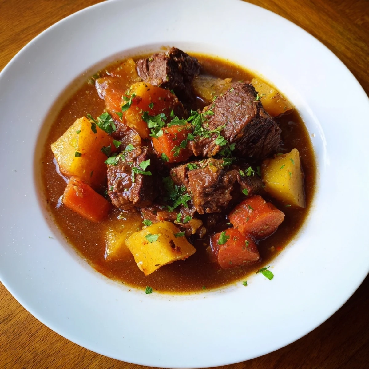 Steaming hot slow cooker beef stew offering melt-in-your-mouth beef, fresh vegetables, and savory broth.