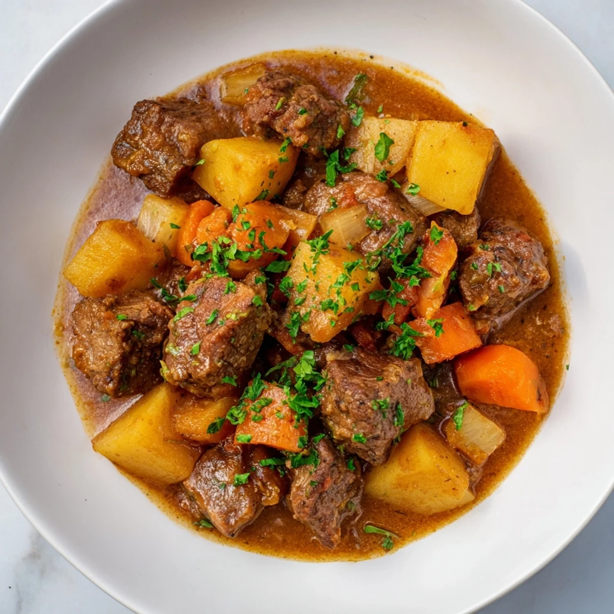 The rich savory aroma from this slow cooker beef stew suggests a hearty, comforting meal ahead.
