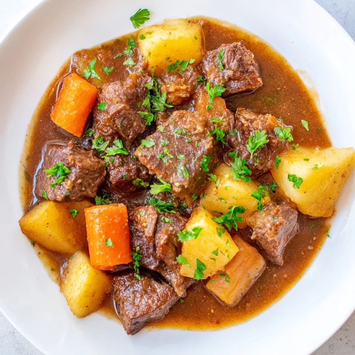 Bowl of luscious slow cooker beef stew, garnished with parsley, perfect for a cozy dinner.