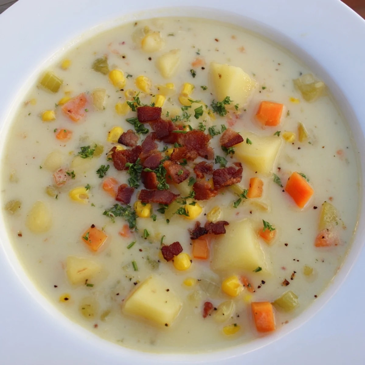 Creamy corn chowder with turkey bacon, a thick soup with visible vegetables and golden corn kernels.