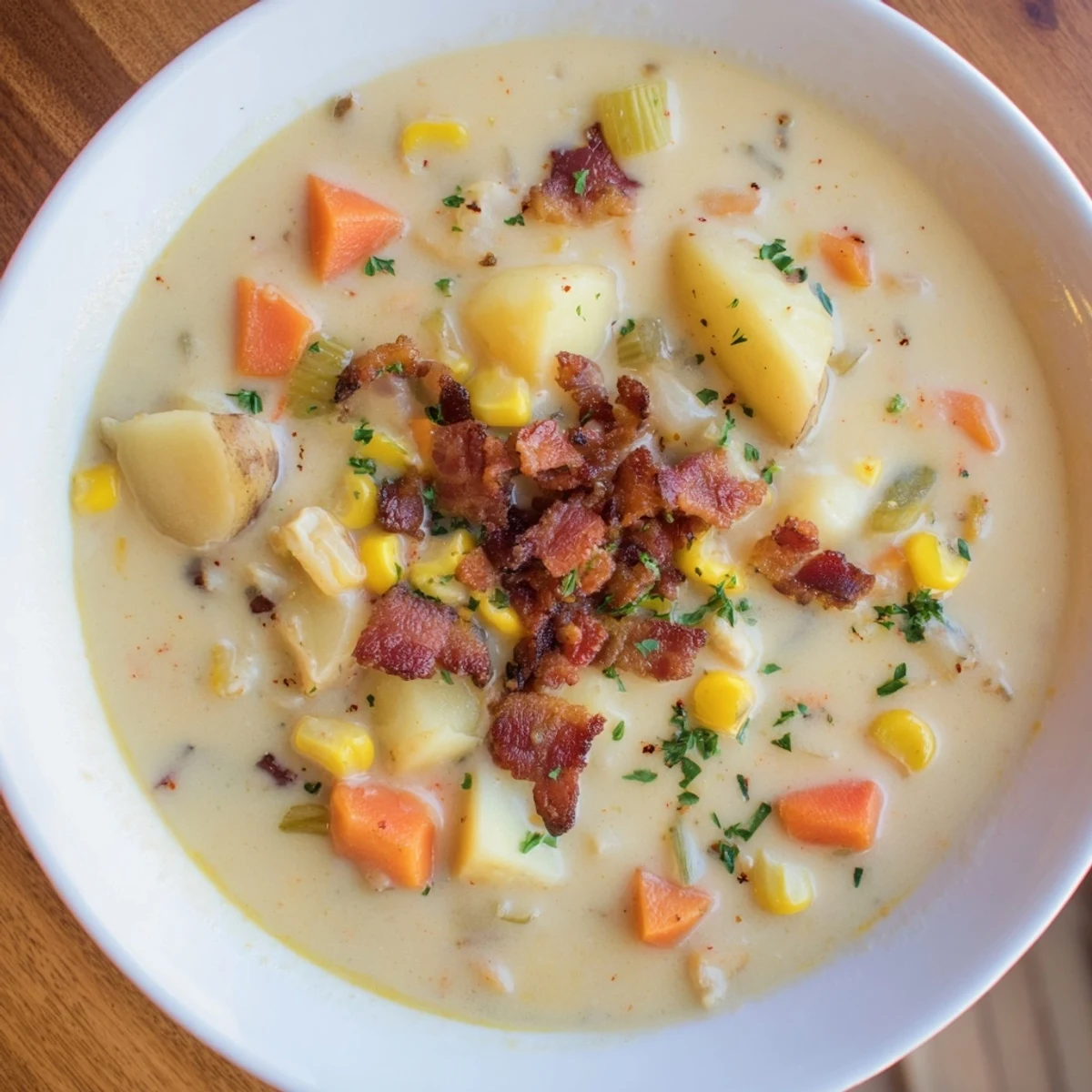 A steaming bowl of creamy corn chowder with crisp turkey bacon bits and fresh parsley garnish.