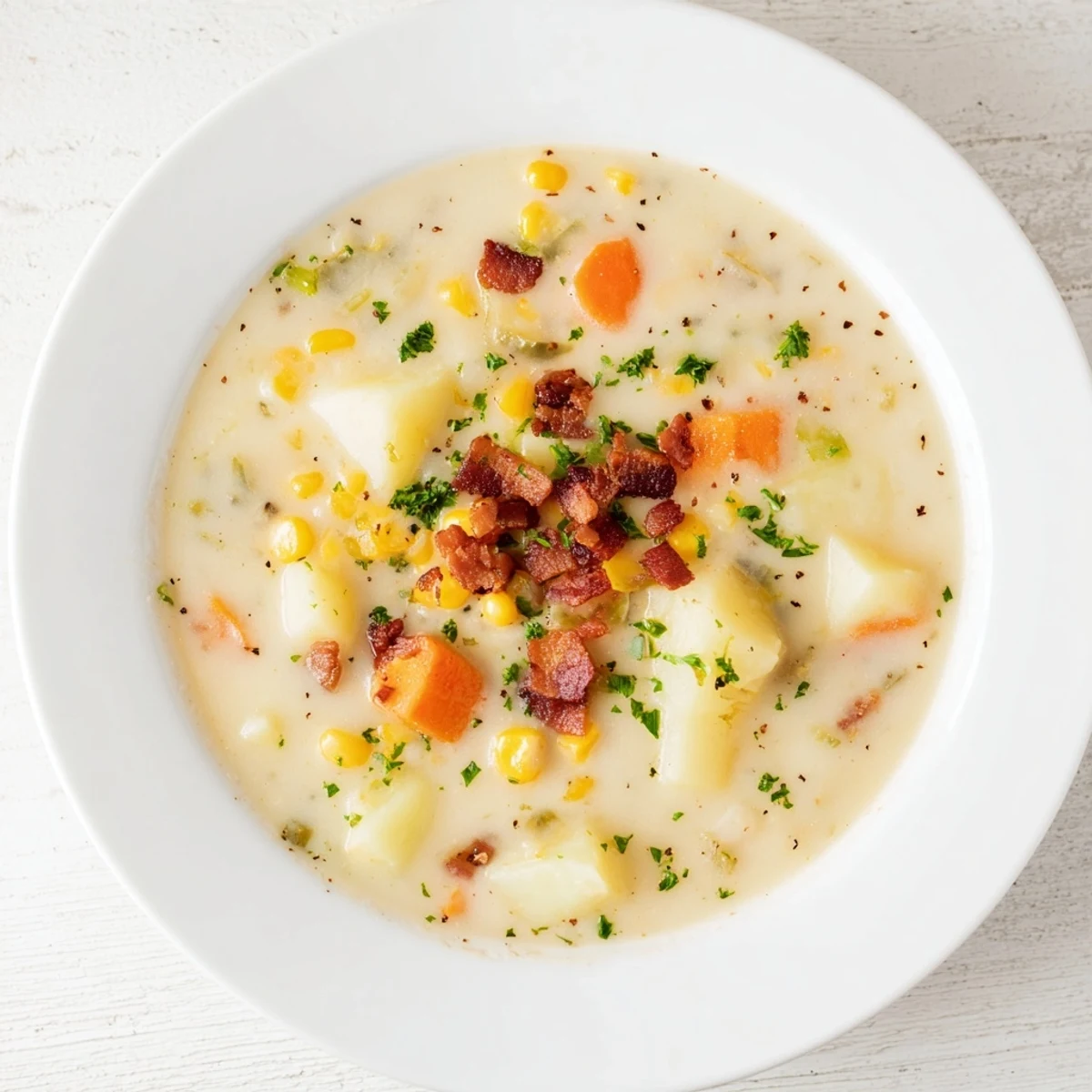 Hearty and flavorful creamy corn chowder with turkey bacon, perfect for a cold evening meal.