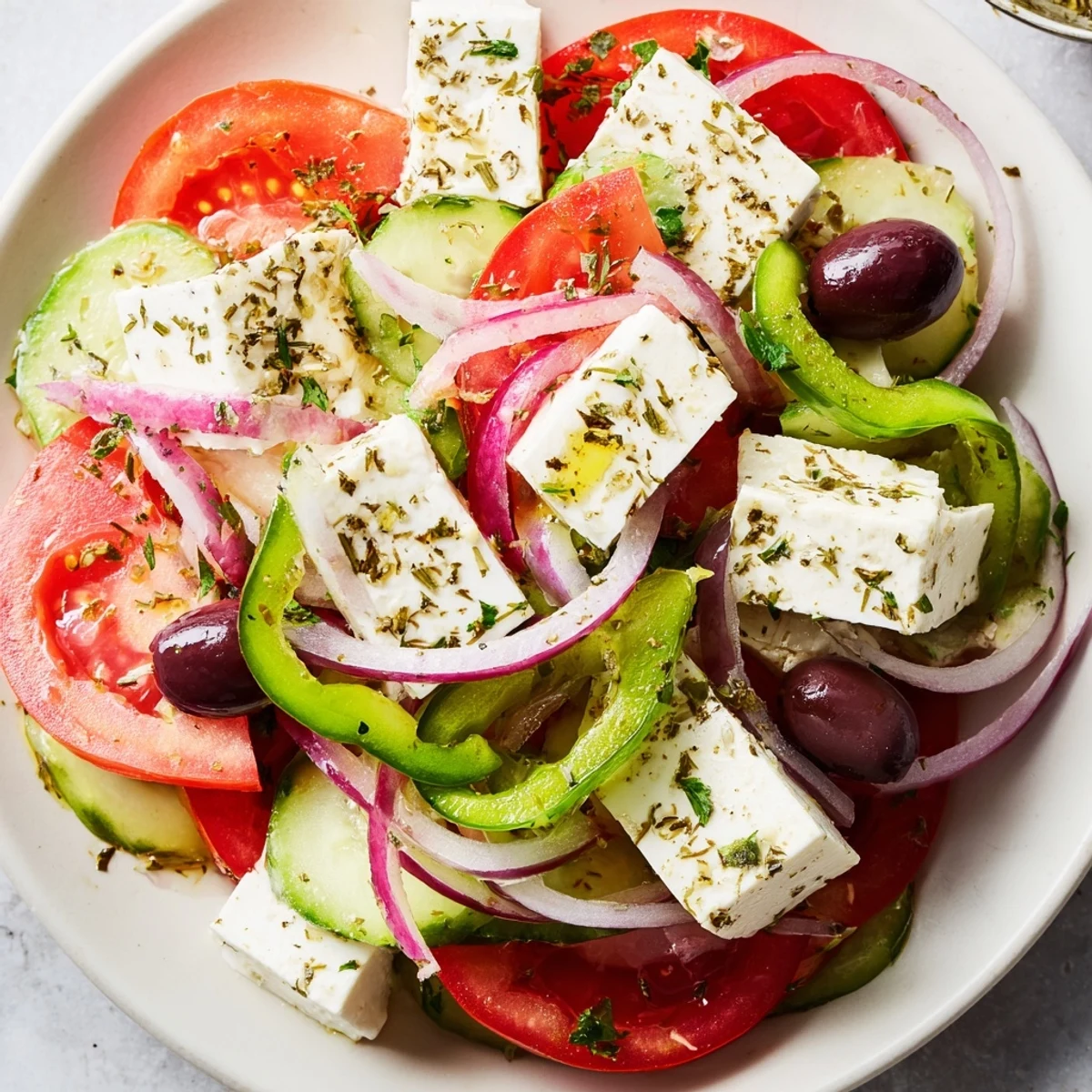 Colorful Greek Salad with Kalamata Olives and Feta Cheese in a white bowl, featuring red tomatoes, green cucumbers, and a zesty olive oil dressing.