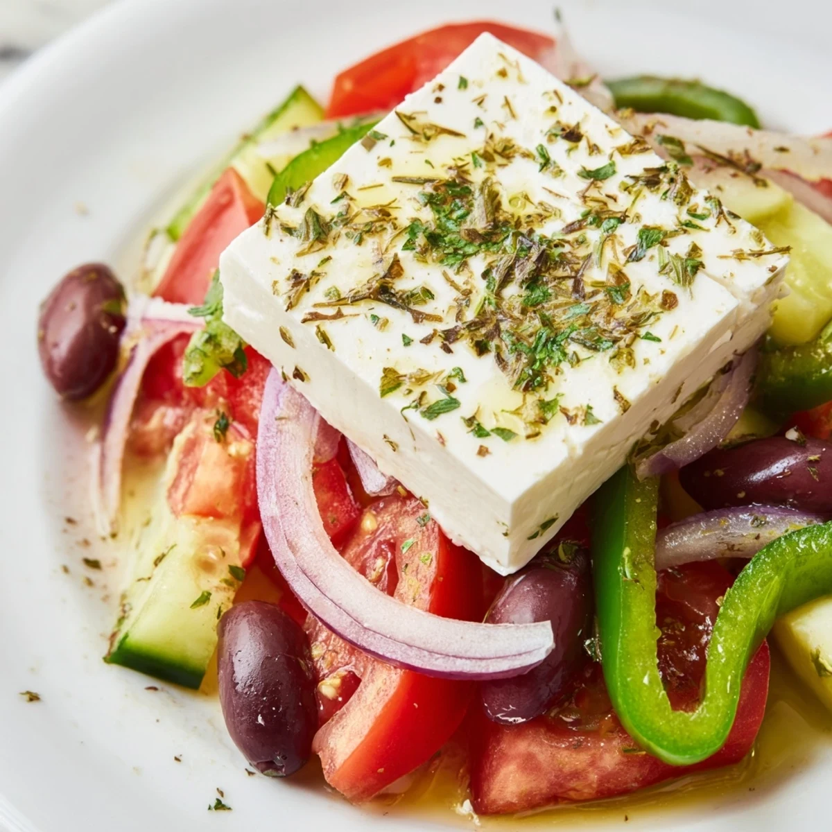 Freshly tossed Greek Salad with Kalamata Olives and Feta Cheese, topped with crumbled cheese, red onion slices, and herbs, perfect for a light vegetarian meal.