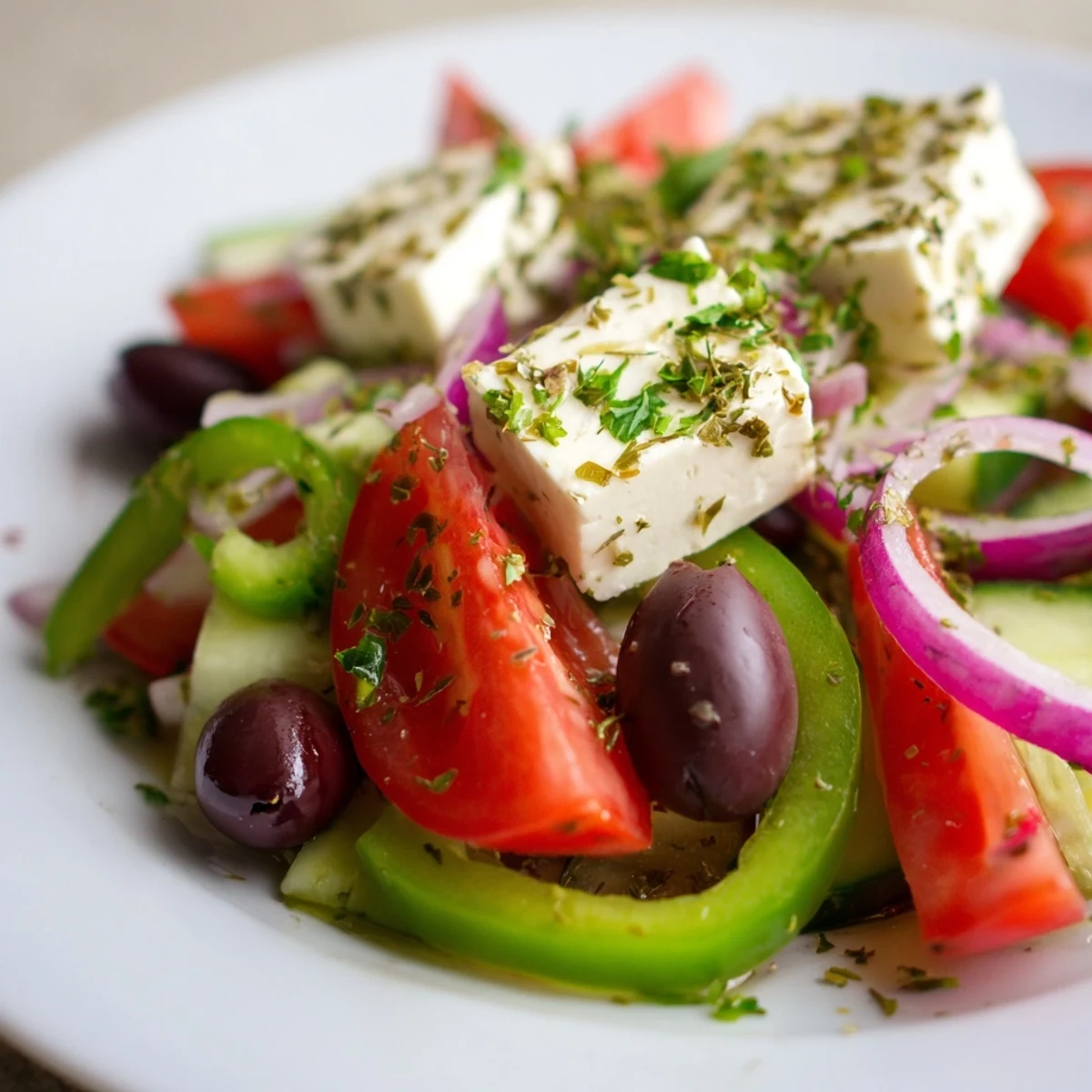 Bright Mediterranean-style Greek Salad with Kalamata Olives and Feta Cheese, mixing crisp cucumbers, juicy tomatoes, and tangy dressing, ready to serve at a summer barbecue.