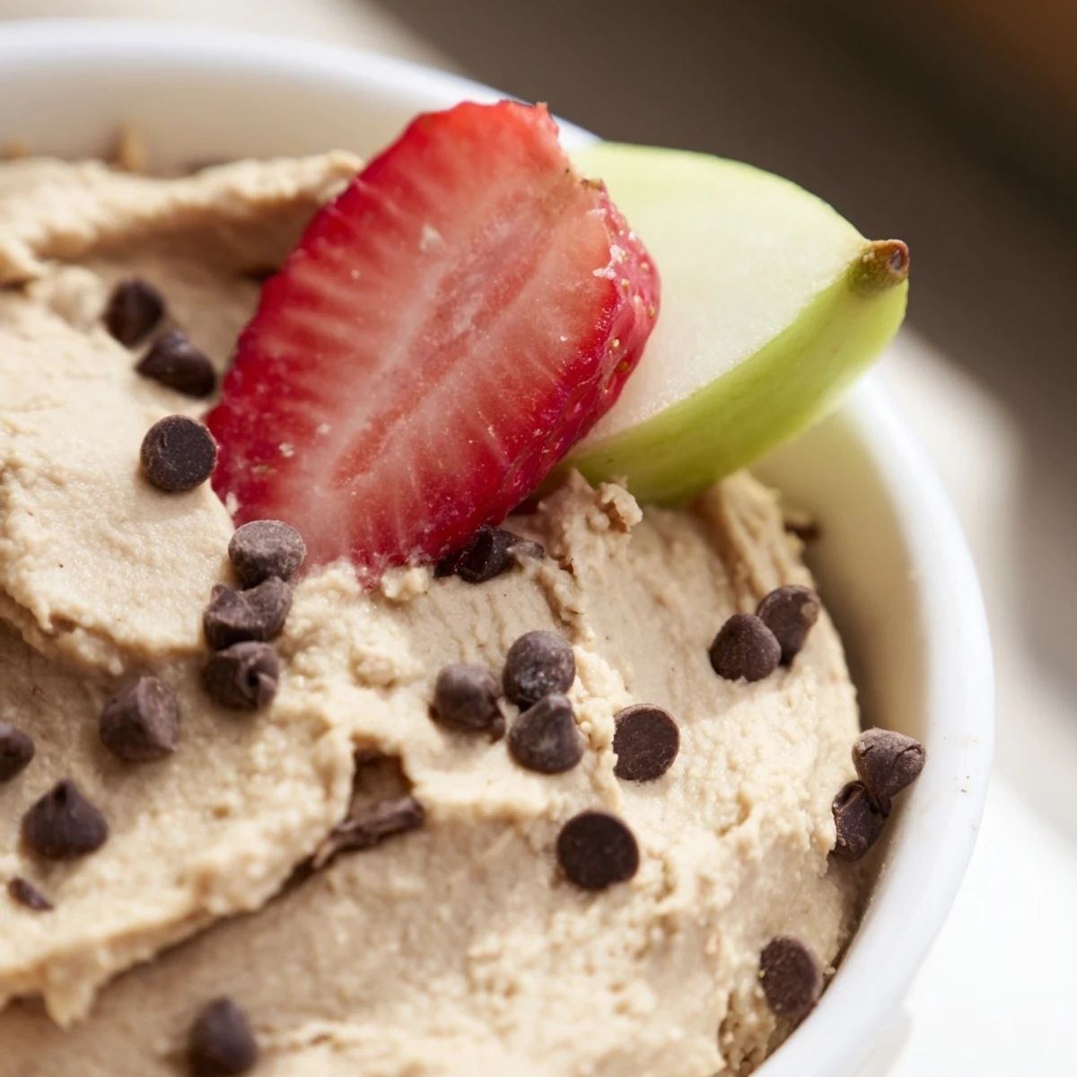 A bowl of Chocolate Chip Cookie Dough Hummus surrounded by sliced apples, strawberries, and bananas for dipping.