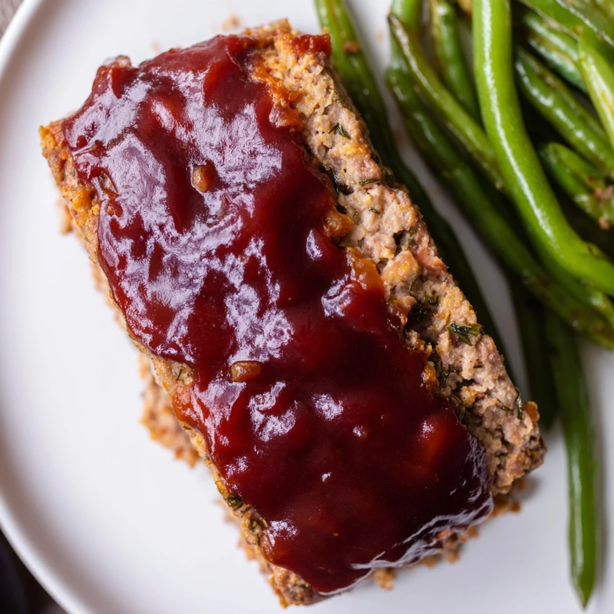 Slice of glazed turkey meatloaf revealing juicy texture, served alongside crisp green beans and a fork for dinner.