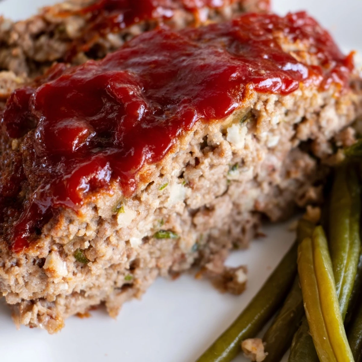Freshly baked turkey meatloaf with tangy glaze, paired with sautéed green beans on a rustic plate for dinner.