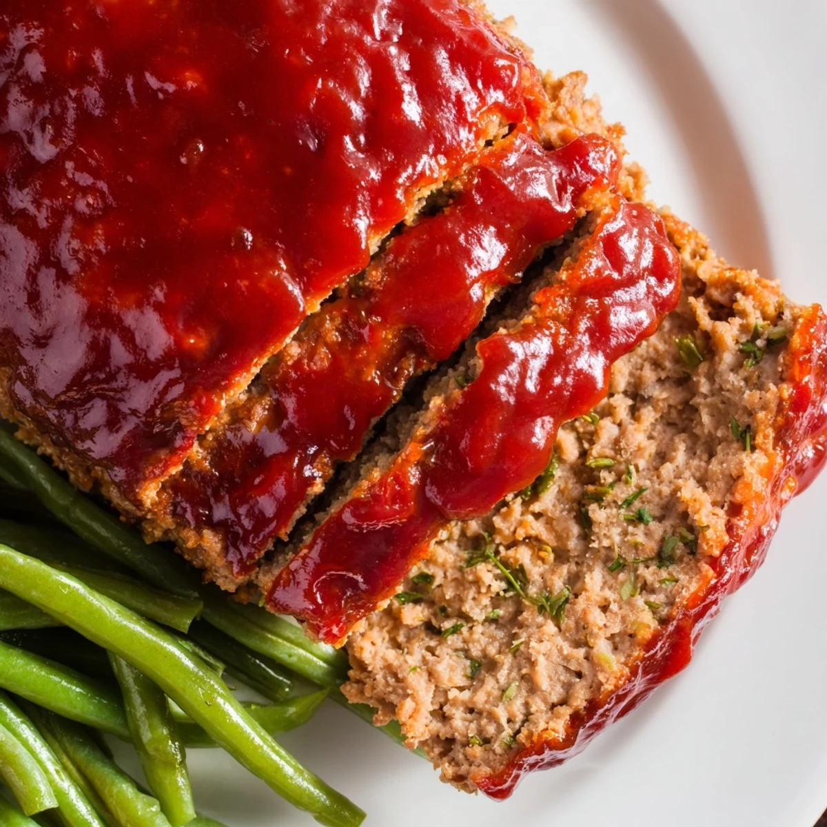 Golden brown turkey meatloaf topped with sweet glaze and fresh green beans, a perfect easy weeknight family meal.
