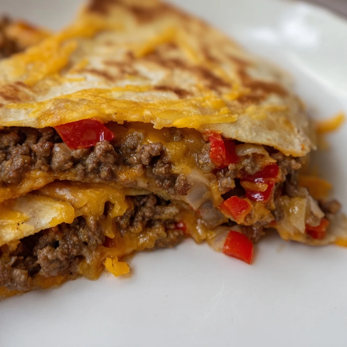 Golden, crispy Beef Quesadillas with melted cheddar and Monterey Jack cheese are cut into wedges, served with fresh salsa and creamy guacamole.