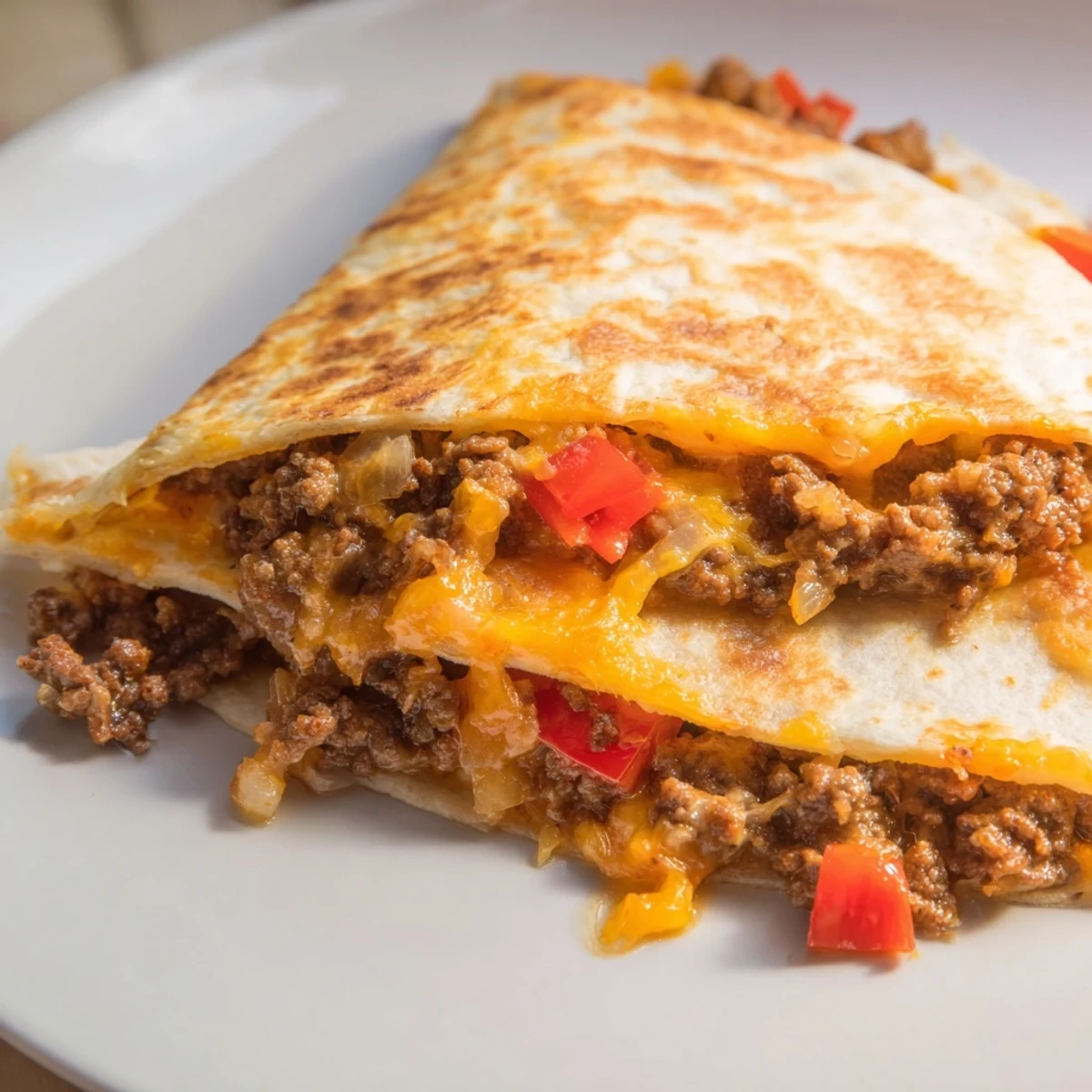 Sizzling Beef Quesadillas with a crispy tortilla exterior reveal spiced ground beef and gooey cheese, paired with zesty salsa and guacamole.