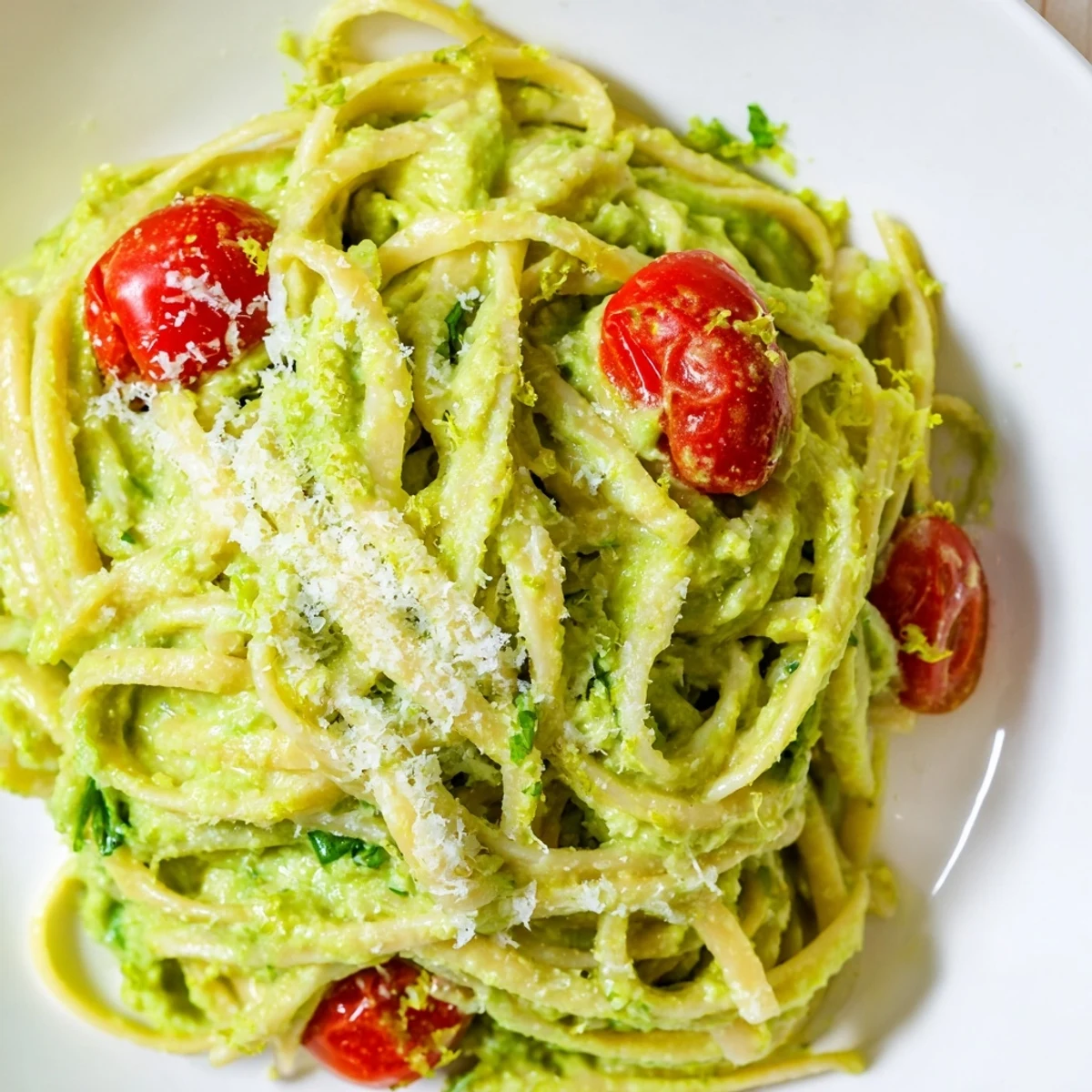 Creamy Avocado Lime Pasta is served with extra Parmesan and lime zest on a rustic wooden table.