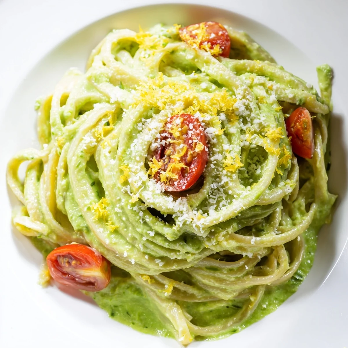 Freshly cooked spaghetti is coated in a bright green avocado lime sauce, garnished with halved cherry tomatoes and fresh basil.