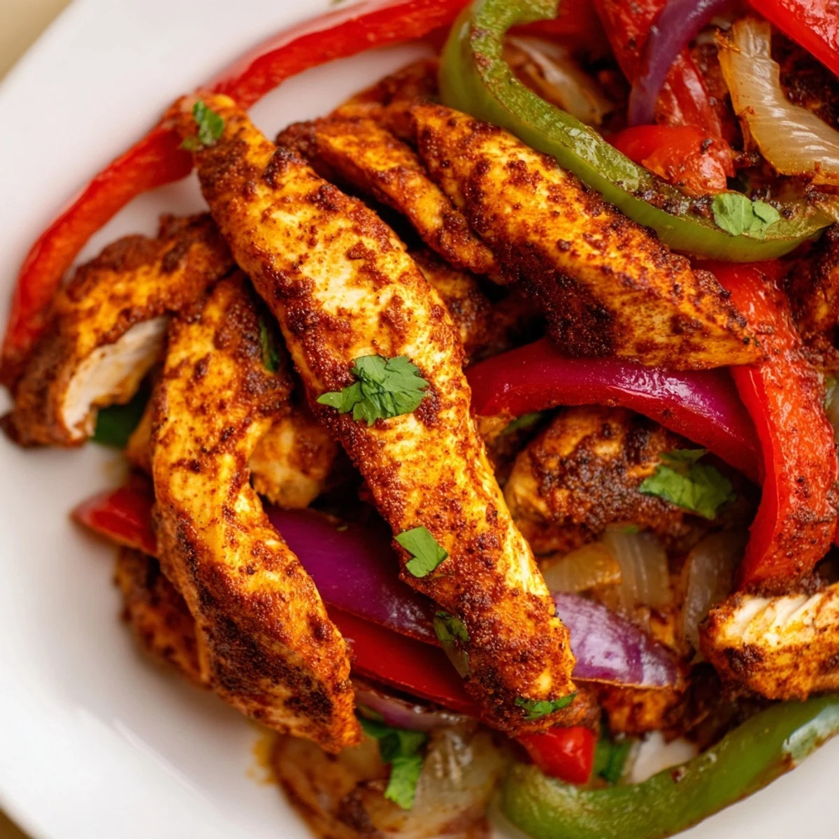 Golden-brown Sheet Pan Chicken Fajitas with Onions and Peppers sizzling on a baking sheet next to warm corn tortillas.