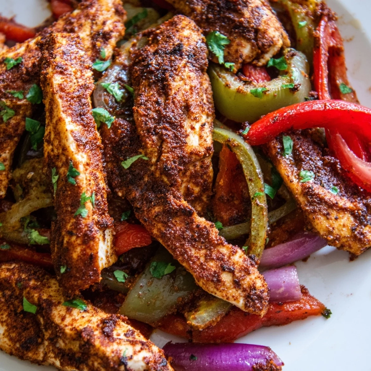 A close-up of juicy Sheet Pan Chicken Fajitas with Onions and Peppers garnished with lime wedges and vibrant peppers.