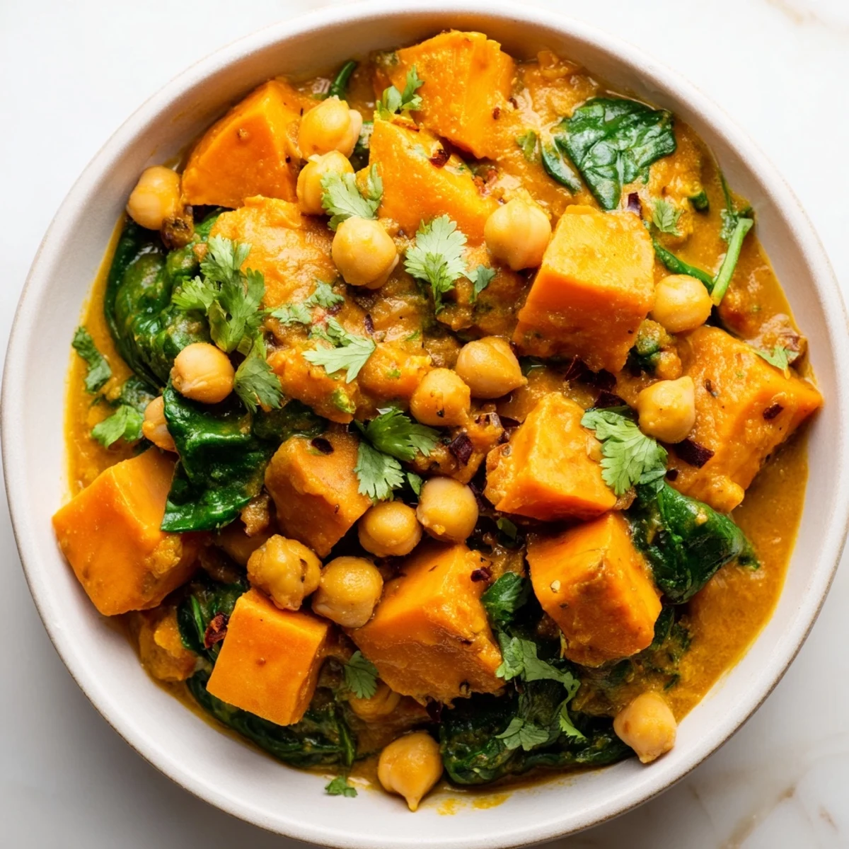 Bowl of Vegan Sweet Potato Curry topped with cilantro, served with fluffy basmati rice.