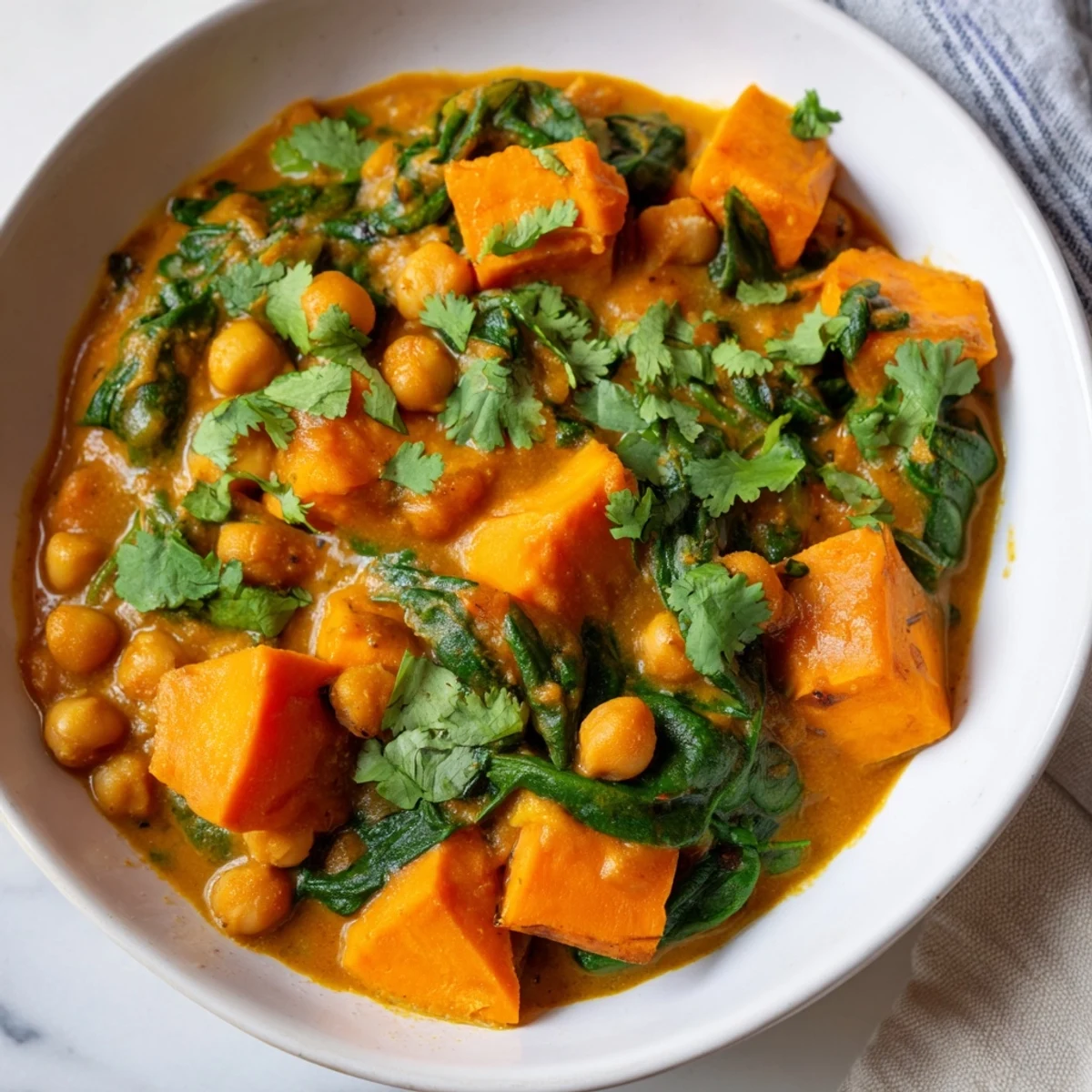 Steaming Vegan Sweet Potato Curry with chickpeas and spinach in a creamy coconut tomato sauce.