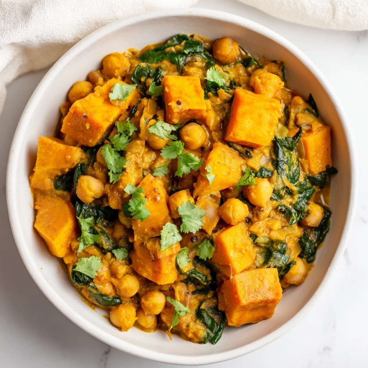 Vegan Sweet Potato Curry simmering in a pot, revealing tender sweet potatoes and wilted spinach.