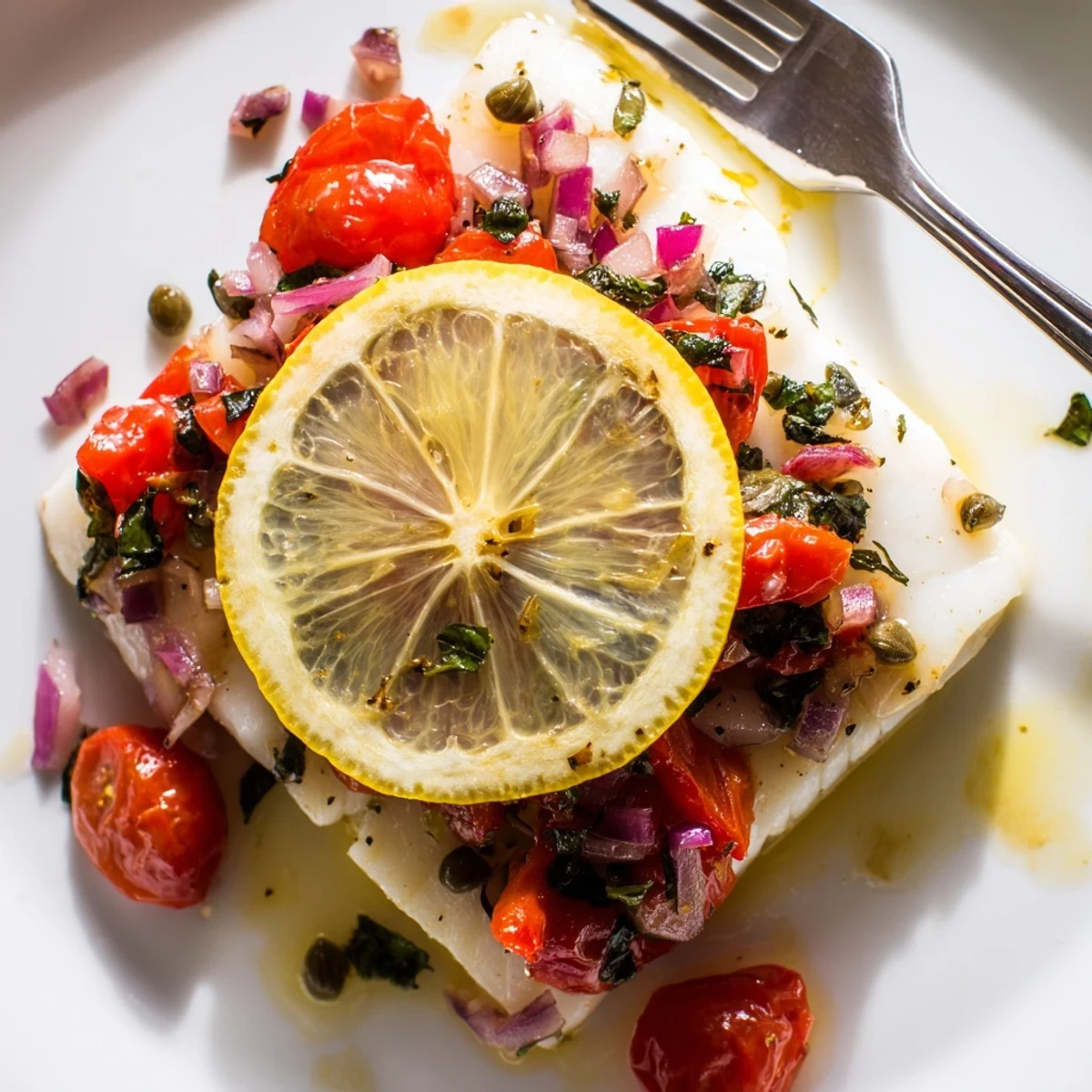 Flaky baked halibut fillets topped with a vibrant tomato and basil relish, served hot on a white plate.