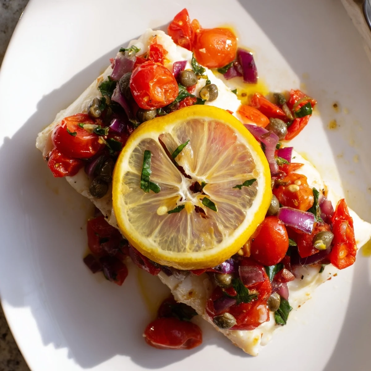 Tender baked halibut garnished with a fresh cherry tomato and basil relish, with lemon slices on the side.