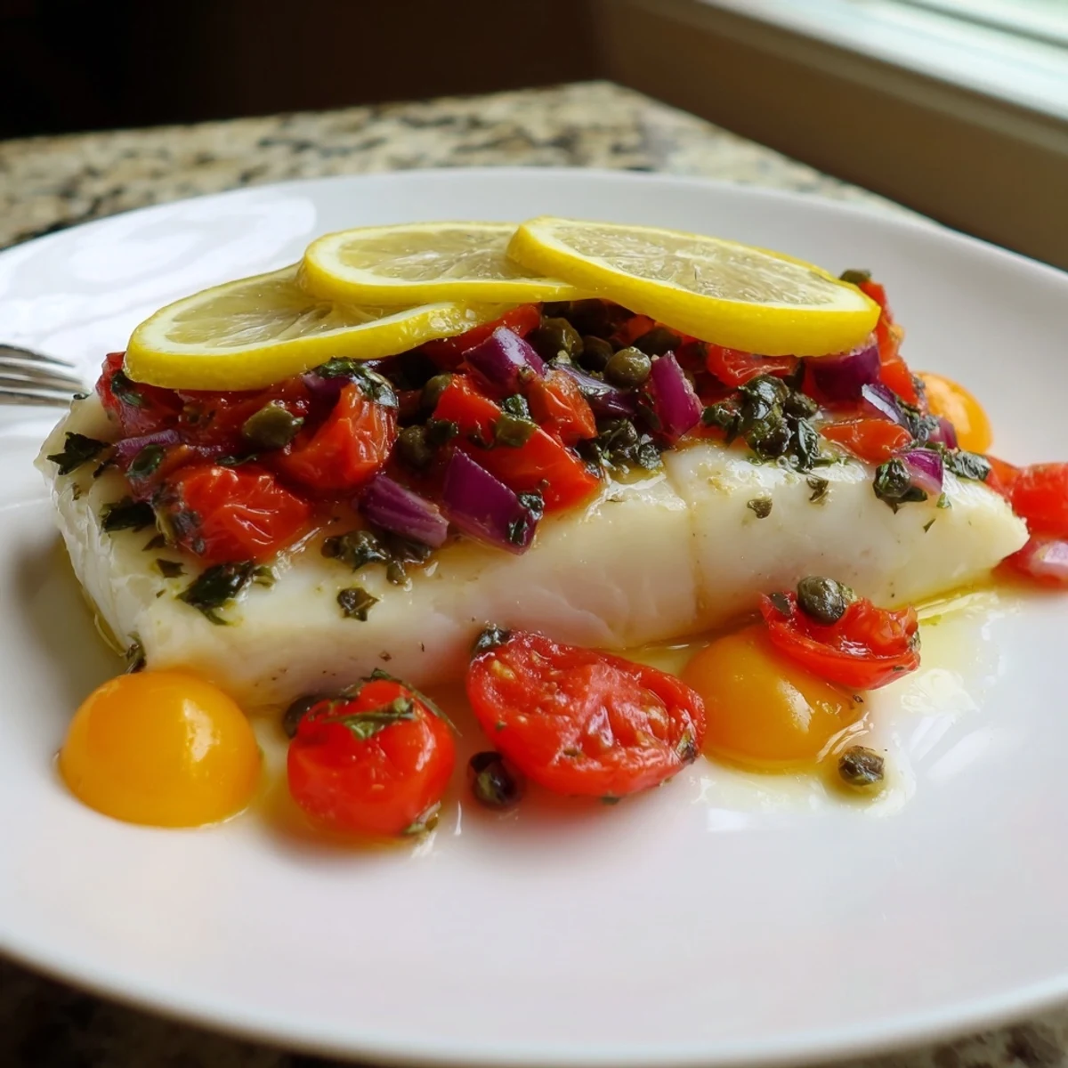 Golden baked halibut fillet with a juicy red tomato and basil relish, ready for a healthy dinner.