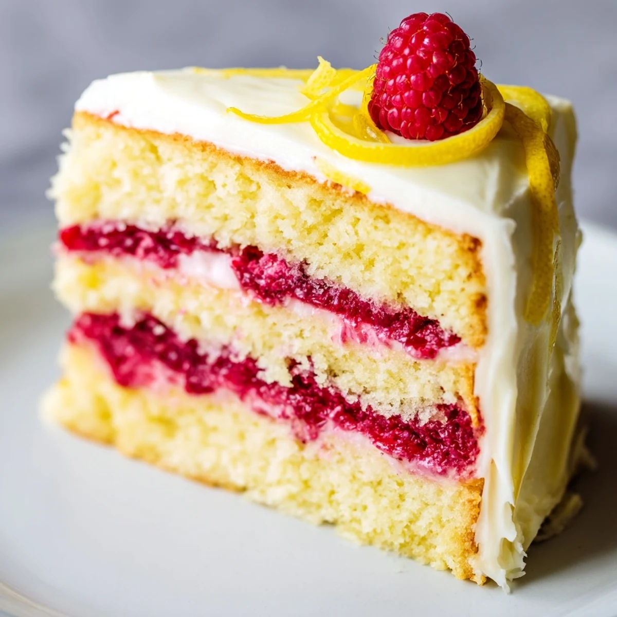 A finished slice of Lemon Raspberry Layer Cake with Buttercream shows tender yellow crumb and bright pink filling. Fresh raspberries and lemon zest garnish the top.