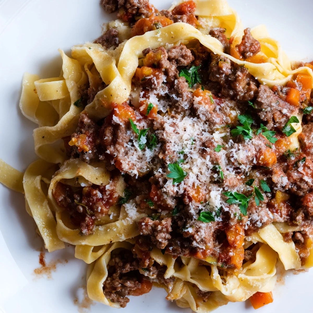 A hearty Slow Cooker Ragu Sauce topped with fresh parsley and grated Parmesan on a dinner plate.