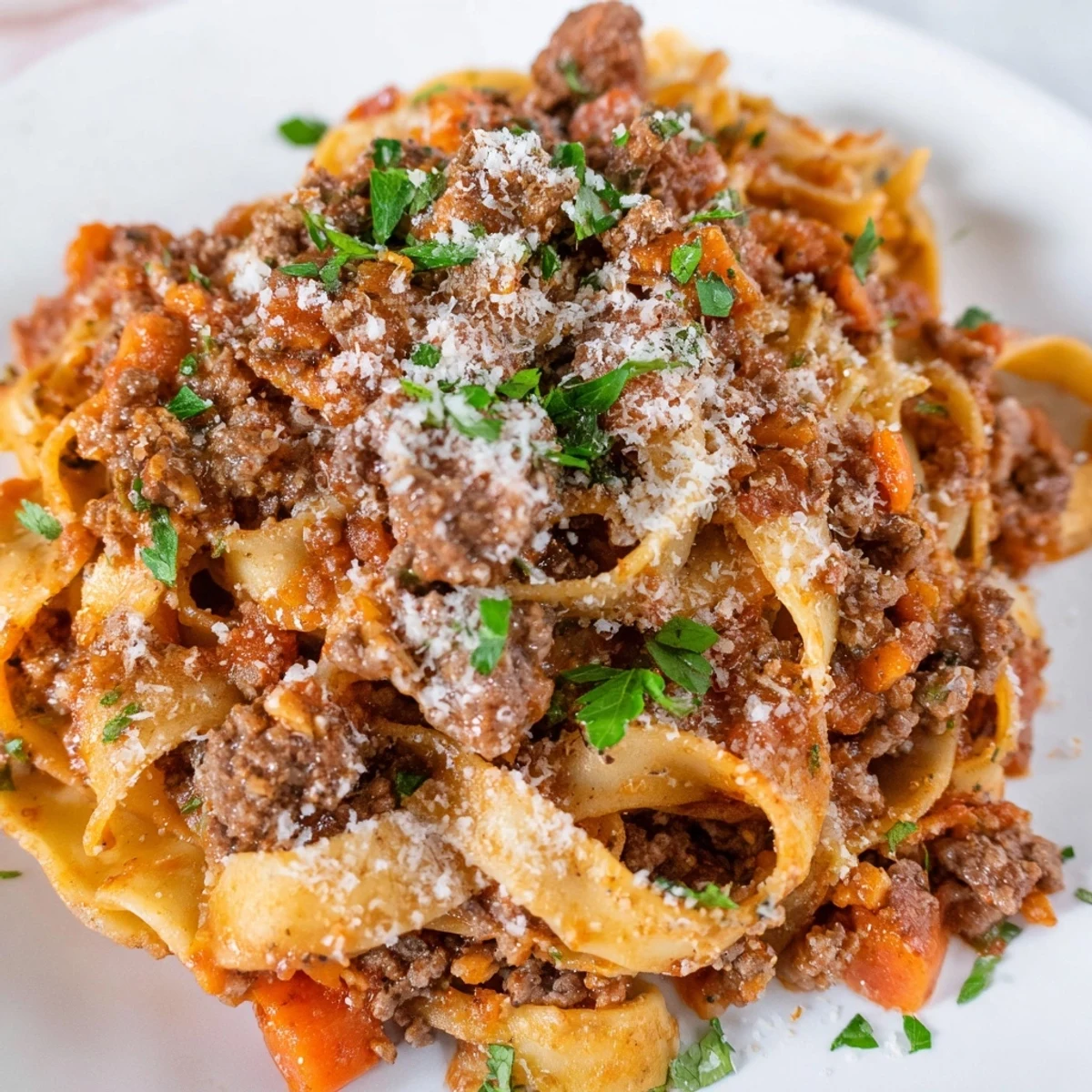 Ground beef and Italian sausage slow-cooked into a savory Slow Cooker Ragu Sauce, served with pasta.