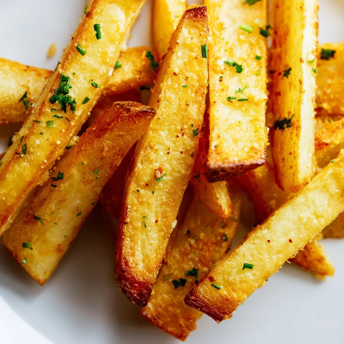 A serving of crispy Roasted Fries with Garlic and fresh parsley, ready for dipping in ketchup.