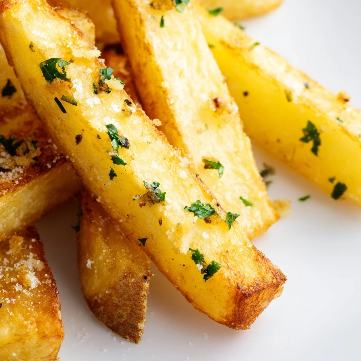 Sizzling Roasted Fries with Garlic tossed in herbs, plated alongside a juicy grilled steak dinner.