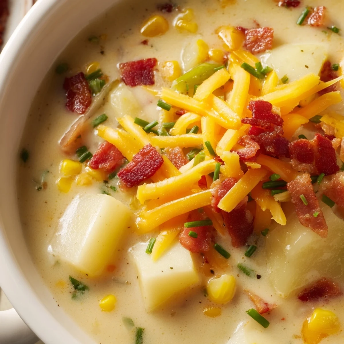 A ladle of Creamy Corn Chowder poured from a Dutch oven, revealing chunks of potato and sweet corn in velvety broth.