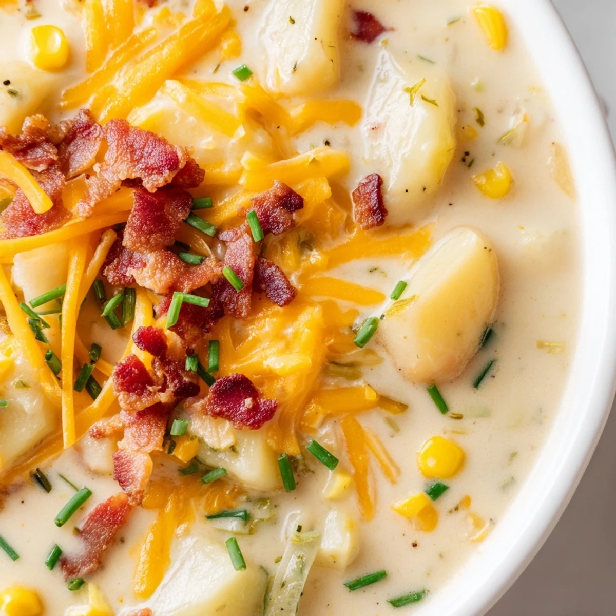 Creamy Corn Chowder steaming in a white bowl, topped with fresh chives and crumbled bacon for a cozy dinner.
