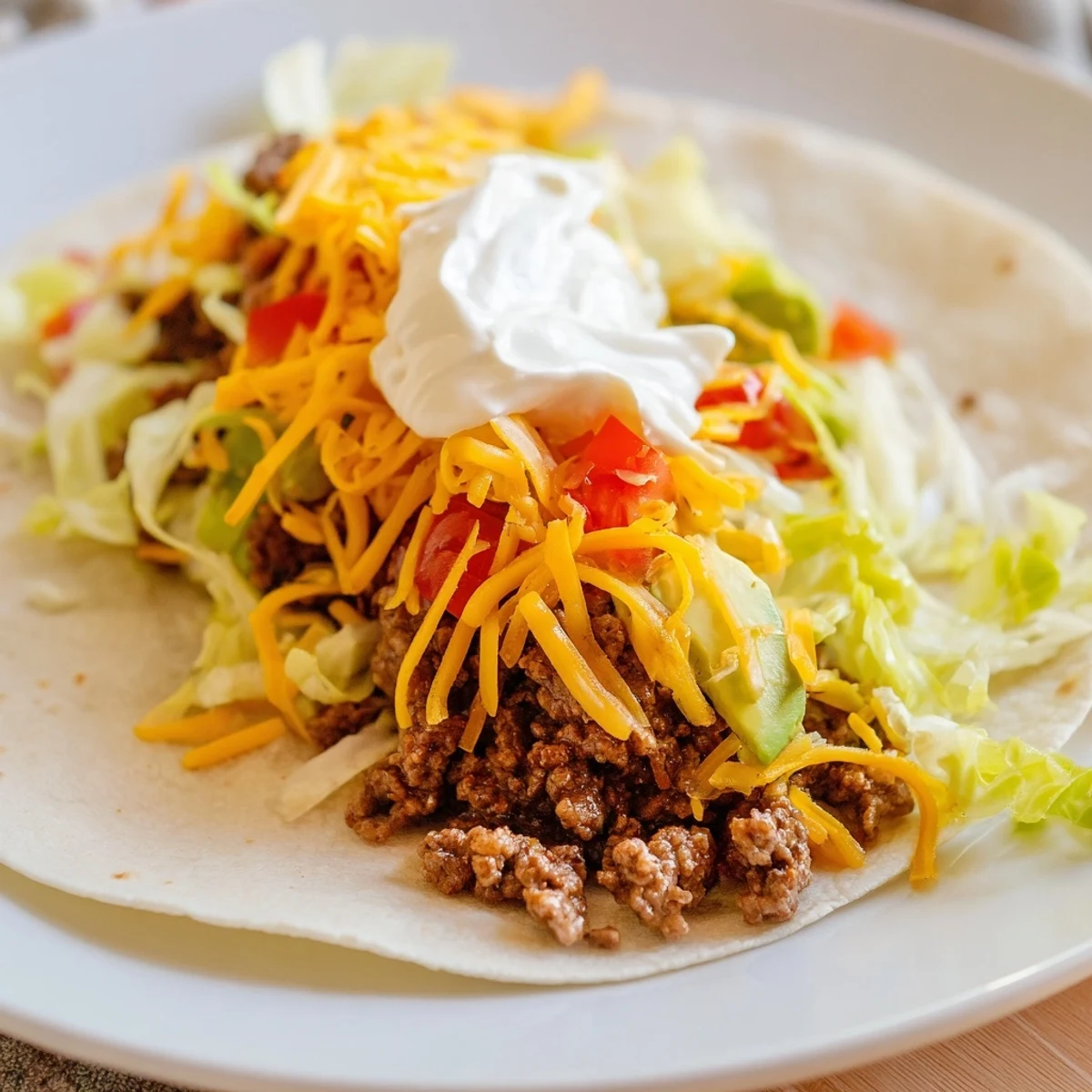 Colorful platter of homemade beef tacos topped with crisp lettuce, diced tomato, avocado slices, and zesty lime wedges. 