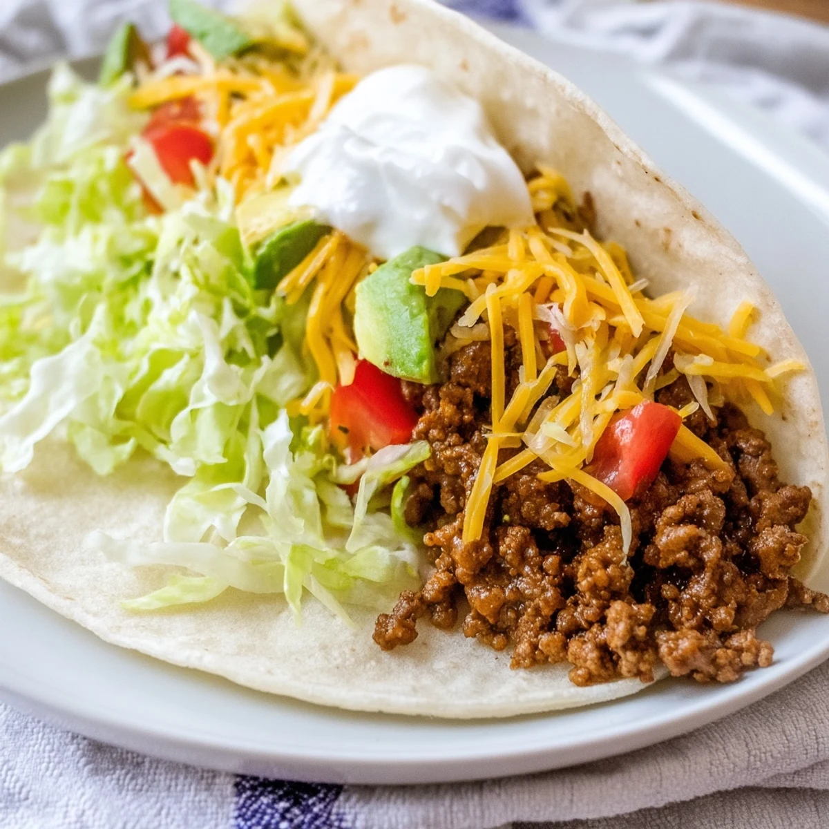 Golden-brown seasoned ground beef, shredded cheddar, and creamy sour cream fill warm corn tortillas for Beef Taco Night. 