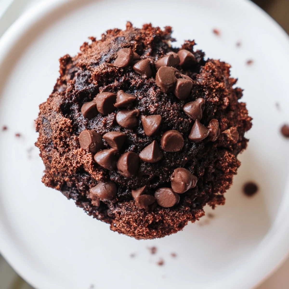 Homemade Chocolate Muffin tops with rich cocoa and chocolate chunks on a rustic wooden table.