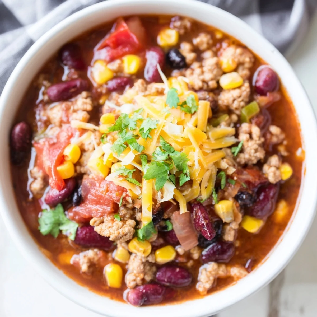 Steaming bowl of homemade Turkey Chili topped with green onions and cilantro.