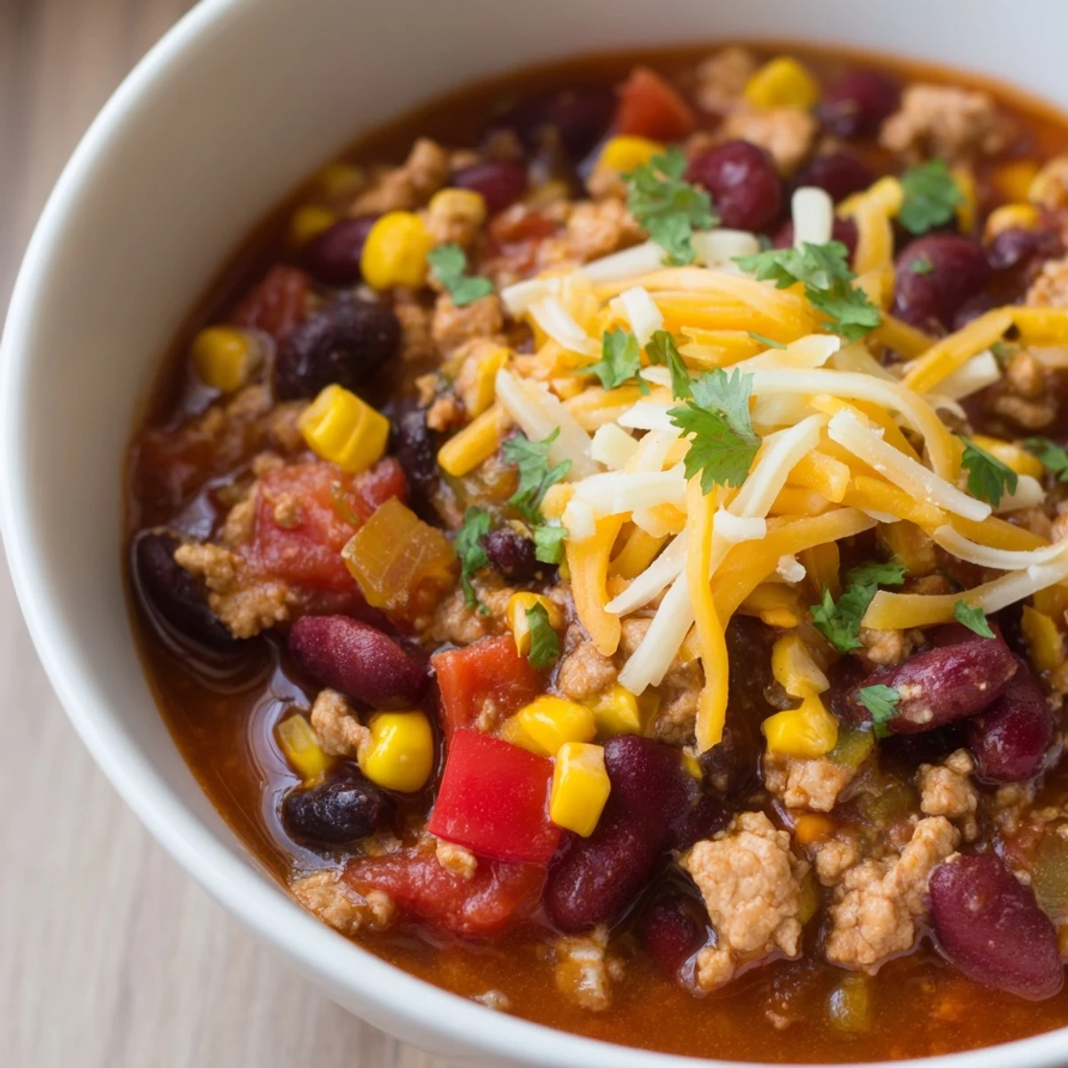Ground turkey and bean Turkey Chili with lime wedges on a wooden table.