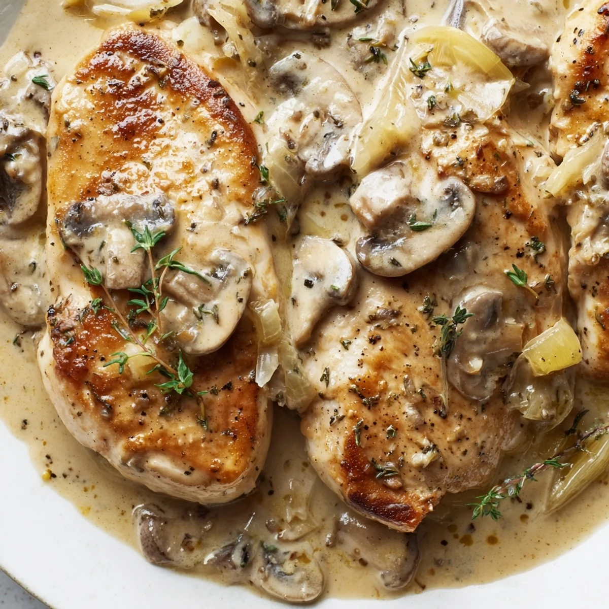 Golden seared chicken breasts smothered in creamy garlic mushroom sauce, served alongside fluffy mashed potatoes.