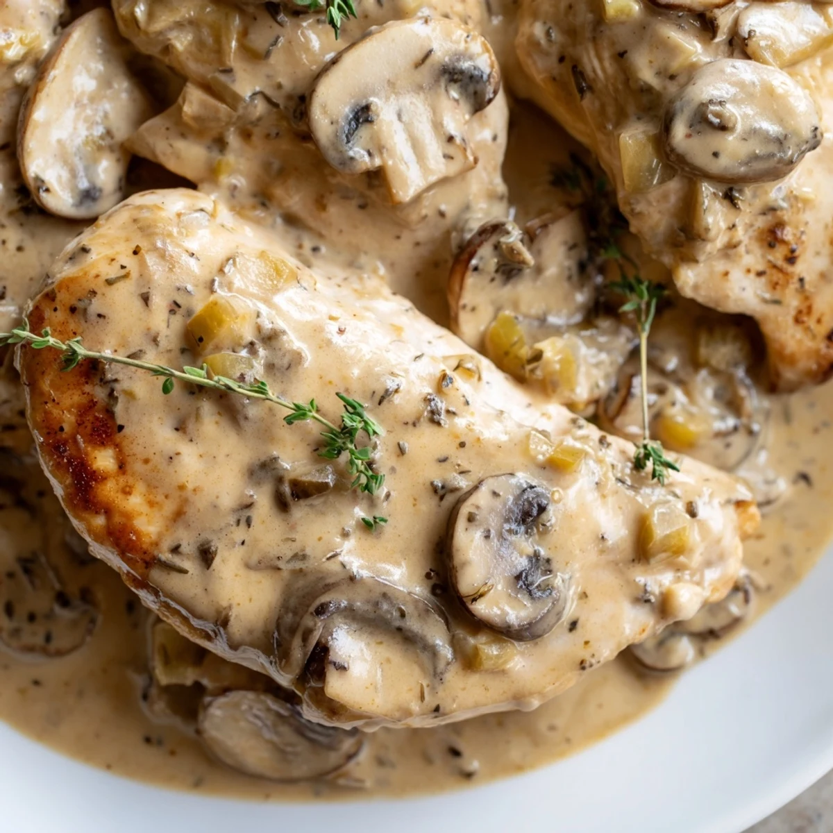 Juicy pan-seared chicken breasts simmered in rich mushroom gravy with fresh parsley garnish.